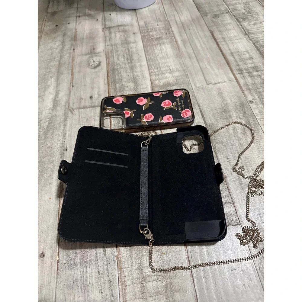 Kate Spade iPhone 11 Pro Magnetic Folio Crossbody Case Black Pink Rose Floral